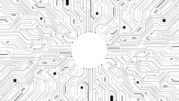 black connection paths or wire lines on circuit board or motherboard with circle in middle background template vector