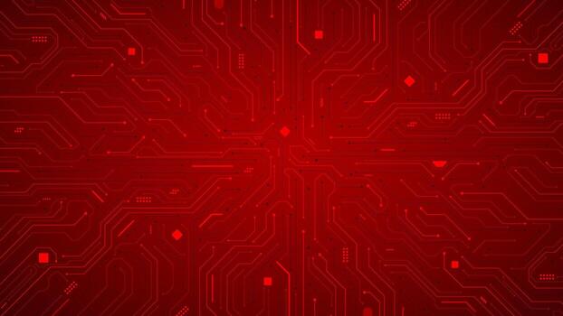 Red circuit board with connection paths or wires with electronic elements abstract modern cyber background template vector