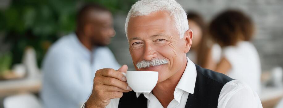 An older man with a mustache drinking coffee photo