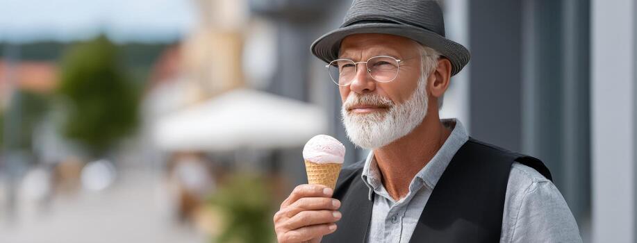An old man with a beard and hat holding an ice cream cone photo
