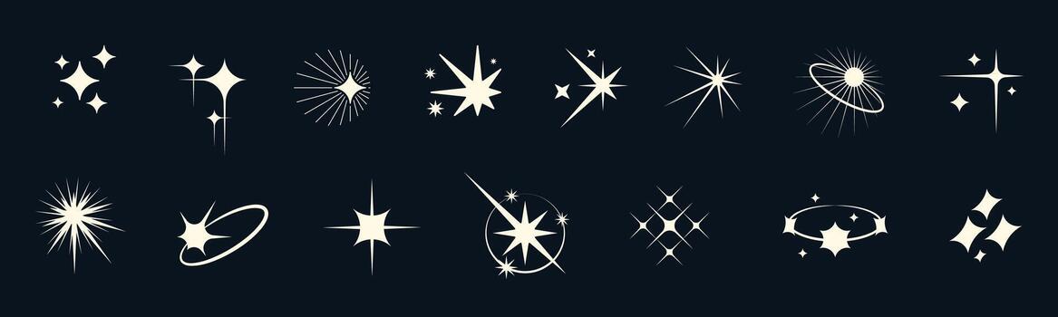 Geometric star icons with abstract glow and magical light. Flickering shapes reflect space energy. Use for starlight backgrounds, modern graphics or sci fi poster sets. vector