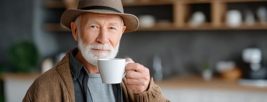 An older man with a hat and a cup of coffee photo