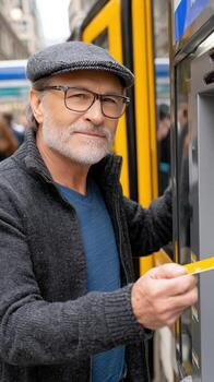 An older man with glasses and a hat is using an atm machine photo