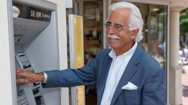 A man with white hair and a mustache is using an atm machine photo