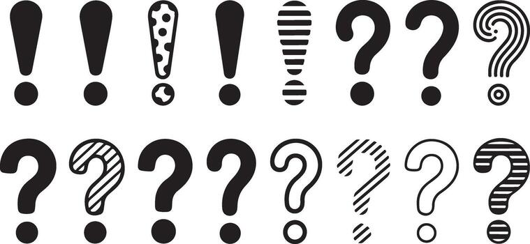 Collection of Question Marks and Exclamation Points in Different Styles and Patterns on White Background vector