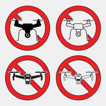 Prohibition Signs for Drones in Red Circular Icons on Gray Background vector