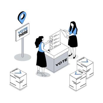 Election and voting 3d isometric concept with isometry people design for web. Voter with paper form going on polling station, putting list in box, supporting political candidate. illustration vector