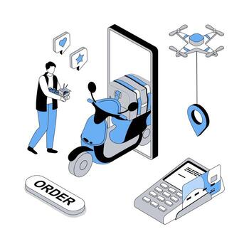 Food delivery 3d isometric concept with isometry people design for web. Man making online order in restaurant in mobile app with home shipping, getting meal box from courier. illustration vector