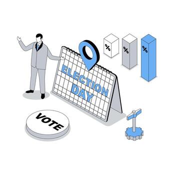 Election and voting 3d isometric concept with isometry people design for web. Man doing political agitation before election day, making ratings analysis and preparing to vote. illustration vector