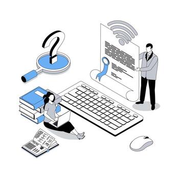 Online education 3d isometric concept with isometry people design for web. Students reading books and textbook, study distantly at e-learning platform, graduating and get diploma. illustration vector