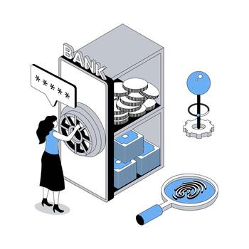 Mobile banking 3d isometric concept with isometry people design for web. Woman getting access to personal financial account with password, managing finance, exchanging currency. illustration vector