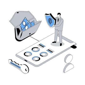 Mobile banking 3d isometric concept with isometry people design for web. Man using secure app for managing financial account, analyzing finance statistics data, money cash out. illustration vector