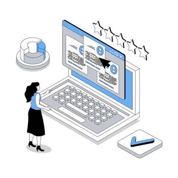 HR process 3d isometric concept with isometry people design for web. Woman searching online best resumes, choosing candidates to job interview, finding employees to contract. illustration vector