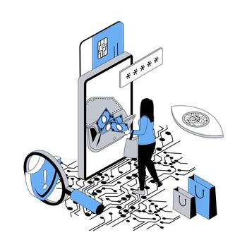 Mobile banking 3d isometric concept with isometry people design for web. Woman managing personal financial account, getting access with password, paying with credit card online. illustration vector