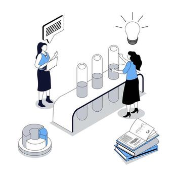 Medicine 3d isometric concept with isometry people design for web. Scientist team working in laboratory, doing chemical tests in flask, researching disease and finding solutions. illustration vector