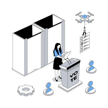 Election and voting 3d isometric concept with isometry people design for web. Woman doing political agitation speech, voters go on polling station with lists, making choice. illustration vector