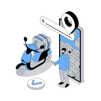 GPS navigation 3d isometric concept with isometry people design for web. Man using global positioning system for online tracking delivery courier motorbike on map to address. illustration vector