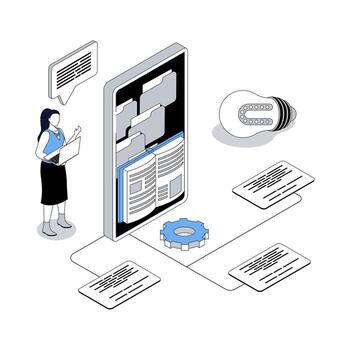 Online education 3d isometric concept with isometry people design for web. Woman reading books and textbook in mobile app, distantly learning with e-books in virtual library. illustration vector