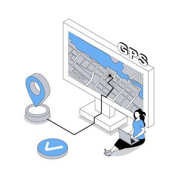 GPS navigation 3d isometric concept with isometry people design for web. Woman using global positioning system at computer, exploring city district with traffic info at screen. illustration vector