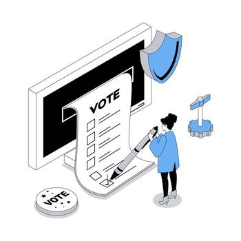Election and voting 3d isometric concept with isometry people design for web. Woman filling digital questionnaire form and making her political choice, taking part in online vote. illustration vector