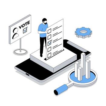 Election and voting 3d isometric concept with isometry people design for web. Man filling digital questionnaire form and making political choice, using mobile app for online vote. illustration vector