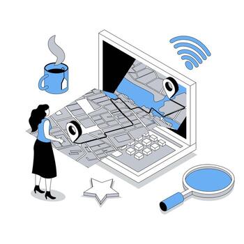 GPS navegación 3d isométrica concepto con isometria personas diseño para web. mujer utilizando global posicionamiento sistema a computadora, explorador ciudad distrito con con destino patas. ilustración vector