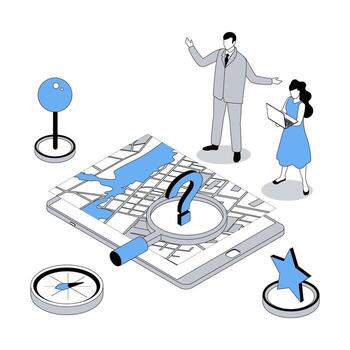 GPS navigation 3d isometric concept with isometry people design for web. Woman and man using global positioning system at computer, exploring city map with with destination pins. illustration vector