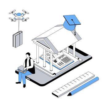 Online education 3d isometric concept with isometry people design for web. Man reading books and textbook, studying at e-learning platform and distantly graduating university. illustration vector