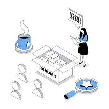 HR process 3d isometric concept with isometry people design for web. Headhunter looking applicants and interviewing candidates, finding and hiring staff in company on vacancies. illustration vector