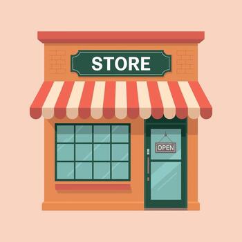 encantador Tienda frente con toldo y abierto firmar atractivo clientes a vistazo y tienda en un acogedor ambiente vector