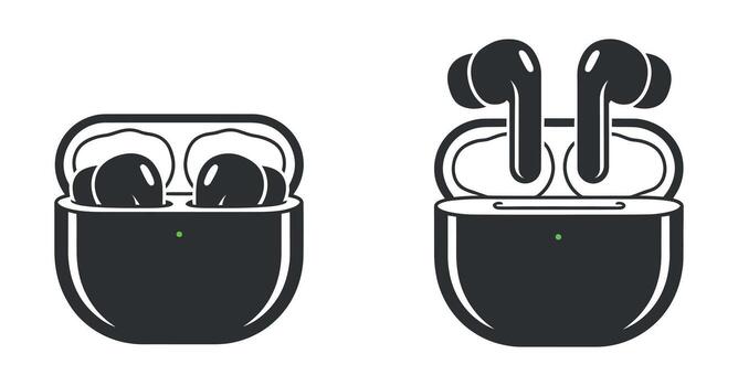 Wireless Earbuds in Charging Case Open and Closed View Modern Audio Technology Portable Music Device vector