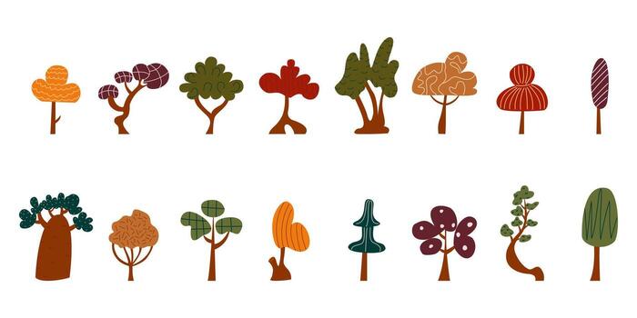 colección de sencillo otoño arboles en blanco antecedentes. mano dibujado bosque elementos con plano formas y estacional colores. conjunto de arboles con diferente coronas botánico dibujos animados ilustraciones vector