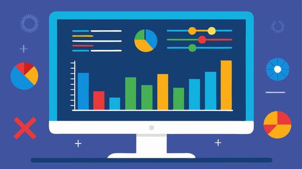 Data Visualization A closeup view of a computer screen displaying colorful graphs and charts that represent epigenetic data with highlighted sections indicating changes.. vector