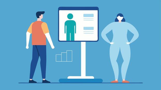 Body Composition Analysis The patient standing on a hightech body composition scale that displays metrics on a nearby screen while the consultant explains the results.. vector