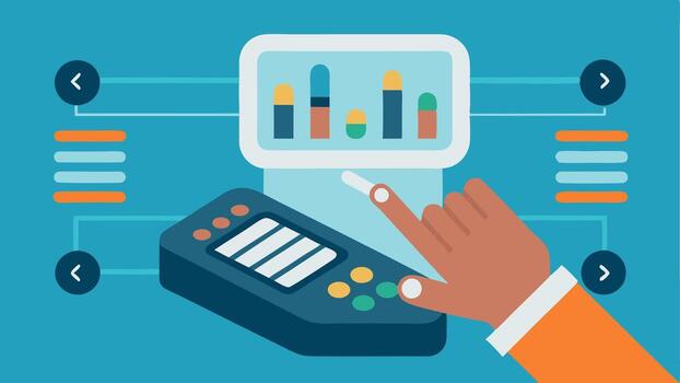 Calibration A closeup of hands adjusting settings on the handheld DNA sequencer with digital readouts nearby to indicate sample measurement and processing status.. vector