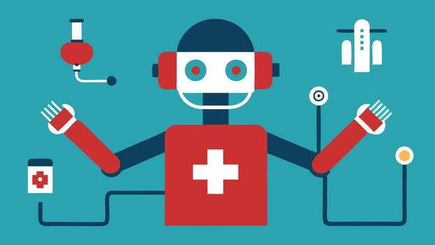 Emergency Response A robot swiftly responding to an emergency scenario by retrieving essential surgical tools while a surgeon issues commands via a voice interface.. vector