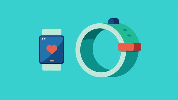 Compatibility with Other Devices Show the smart ring positioned alongside a smarch and a fitness tracker emphasizing its integration with other health tech.. vector