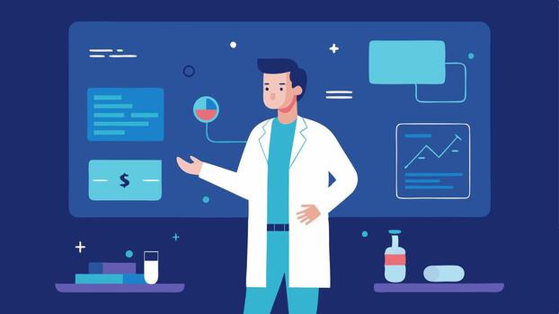 Doctor Analyzing Data A healthcare professional in a lab coat examining a large digital display filled with scans graphs and health markers of a patient with a thoughtful. vector