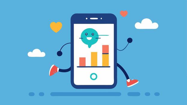 Activity Tracking Feature A smartphone displaying an animated graph that tracks daily physical activity showing steps taken and calories burned with a cartoon character jogging.. vector
