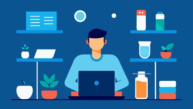 Biohackers Workspace A sleek workstation with a person sitting at a desk surrounded by laptops hormone testing kits and healthy snacks symbolizing techdriven health choices.. vector