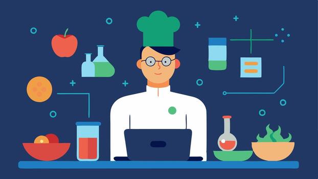 Cooking Class A scene of a biohacker taking a cooking class focused on healthy recipes with ingredients that enhance chemistry displayed prominently.. vector