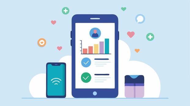 Digital Results on Screen An illustration showing a smartphone with a vibrant digital feedback screen displaying test results and personalized health insights.. vector