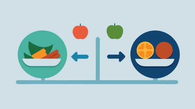 Comparison Chart A sidebyside comparison of two meals on a table with arrows indicating which meal is better for glucose stability according to a quick reference guide.. vector