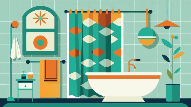 A modern bathroom with minimalistic Scandinavian fixtures and a pop of retro flair in the form of a patterned shower curtain.. vector