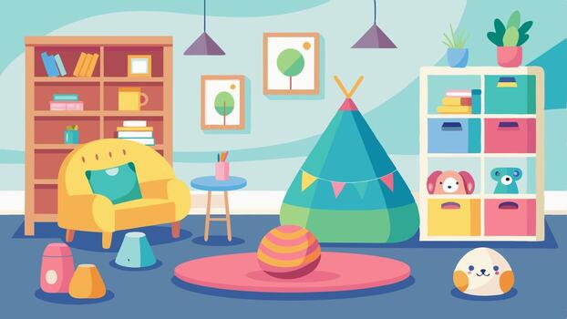 A playroom with a mix of bright plush bean bag chairs a patterned teepee and shelves filled with toys and games in different colors and styles.. vector