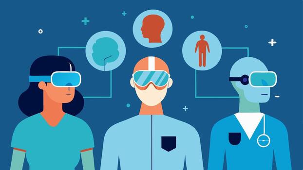 Augmented Reality Training Medical professionals using augmented reality glasses in a simulated setting overlaying anatomical visuals on training dummies for enhanced learning.. vector