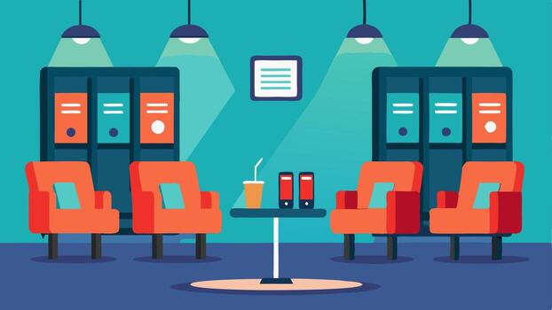 A lounge area with charging stations and mobile device stands for working or browsing the librarys digital collection.. vector