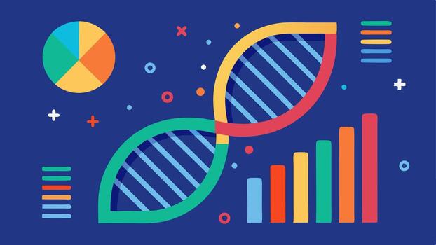 adn hélice con datos un estilizado adn doble hélice en el antecedentes superpuesto con numérico datos y gráficos representando biológico años evaluaciones.. vector
