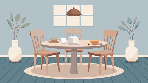 An airy dining room with a low round wooden table and a set of simple white chairs. The table is set with elegant mutedcolored dishes and a striking woven clay centerpiece.. vector
