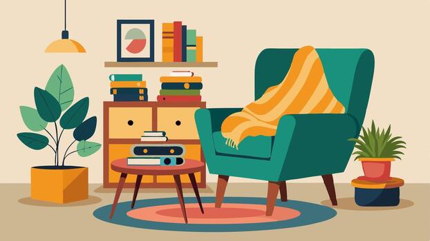 un atractivo leyendo rincón con un terciopelo medio siglo Sillón adornado con un vistoso lanzar cobija y un apilar de libros. un Clásico grabar jugador se sienta en un medio siglo moderno café. vector